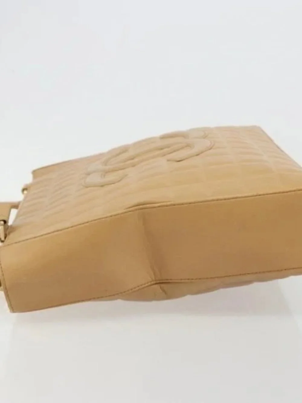 CHANEL Choco Bar Tote Bag Lamb Skin Beige Gold CC Auth BA13309